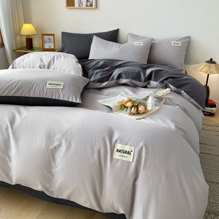 91家纺网 家纺一手货源 找家纺 昊翔家纺 2025新款13372全棉纯色四件套无印良品风简约套件 浅灰-深灰