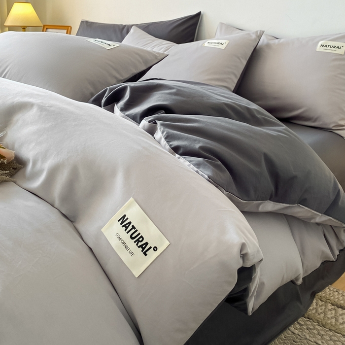 91家纺网 家纺一手货源 找家纺 昊翔家纺 2025新款13372全棉纯色四件套无印良品风简约套件 浅灰-深灰