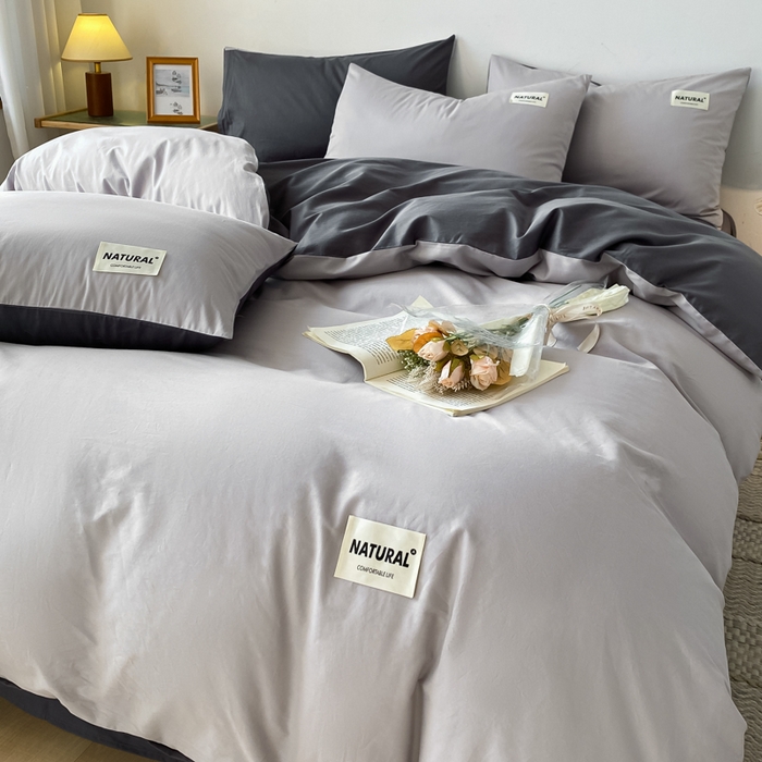 91家纺网 家纺一手货源 找家纺 昊翔家纺 2025新款13372全棉纯色四件套无印良品风简约套件 浅灰-深灰