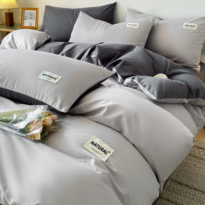 91家纺网 家纺一手货源 找家纺 昊翔家纺 2025新款13372全棉纯色四件套无印良品风简约套件 浅灰-深灰