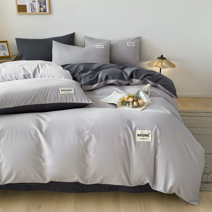 91家纺网 家纺一手货源 找家纺 昊翔家纺 2025新款13372全棉纯色四件套无印良品风简约套件 浅灰-深灰