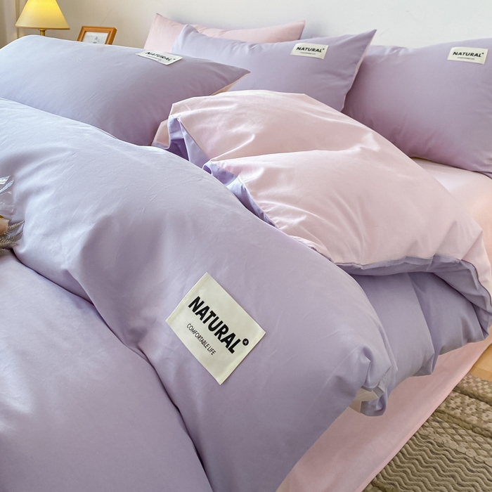 91家纺网 家纺一手货源 找家纺 昊翔家纺 2025新款13372全棉纯色四件套无印良品风简约套件 浅紫-奶油粉