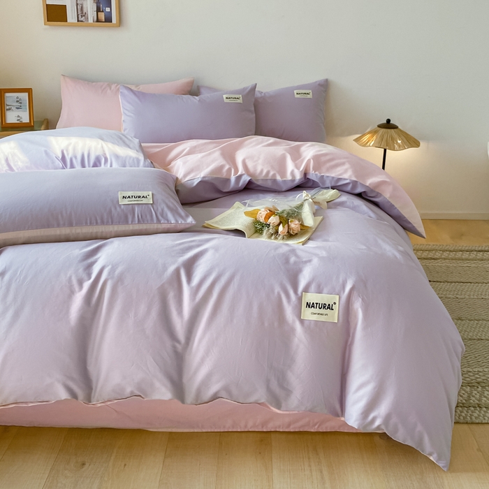 91家纺网 家纺一手货源 找家纺 昊翔家纺 2025新款13372全棉纯色四件套无印良品风简约套件 浅紫-奶油粉