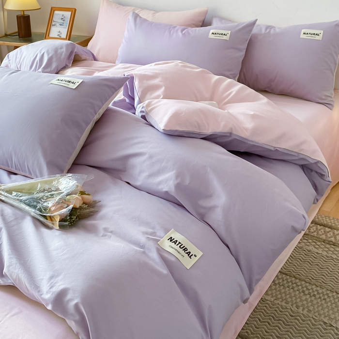 91家纺网 家纺一手货源 找家纺 昊翔家纺 2025新款13372全棉纯色四件套无印良品风简约套件 浅紫-奶油粉