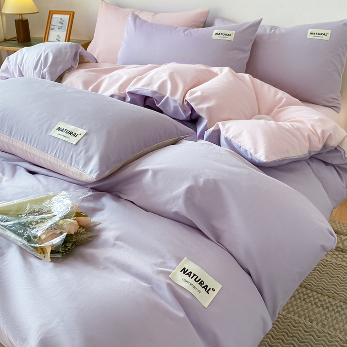 91家纺网 家纺一手货源 找家纺 昊翔家纺 2025新款13372全棉纯色四件套无印良品风简约套件 浅紫-奶油粉