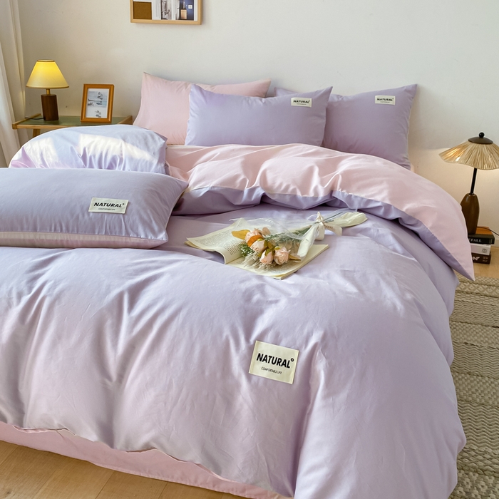 91家纺网 家纺一手货源 找家纺 昊翔家纺 2025新款13372全棉纯色四件套无印良品风简约套件 浅紫-奶油粉