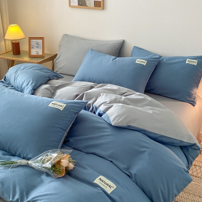 91家纺网 家纺一手货源 找家纺 昊翔家纺 2025新款13372全棉纯色四件套无印良品风简约套件 宾利蓝-浅灰