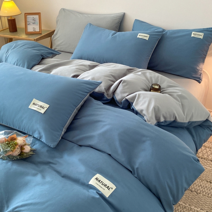 91家纺网 家纺一手货源 找家纺 昊翔家纺 2025新款13372全棉纯色四件套无印良品风简约套件 宾利蓝-浅灰