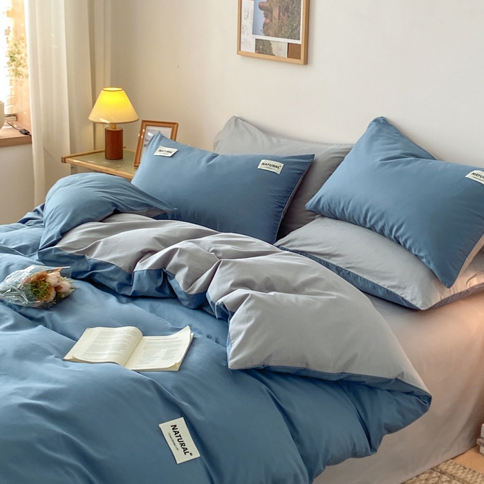 91家纺网 家纺一手货源 找家纺 昊翔家纺 2025新款13372全棉纯色四件套无印良品风简约套件 宾利蓝-浅灰