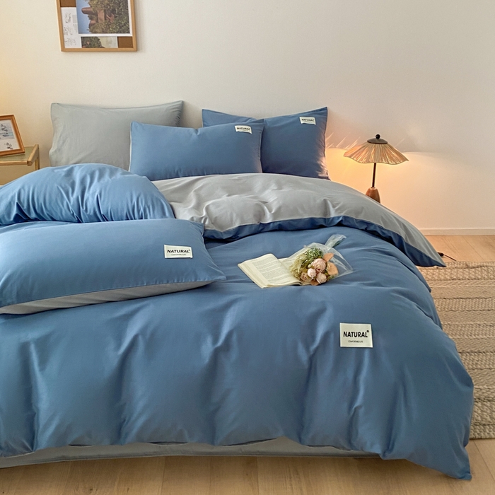 91家纺网 家纺一手货源 找家纺 昊翔家纺 2025新款13372全棉纯色四件套无印良品风简约套件 宾利蓝-浅灰