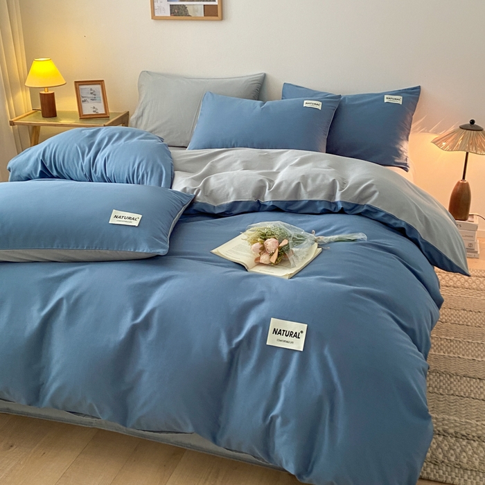 91家纺网 家纺一手货源 找家纺 昊翔家纺 2025新款13372全棉纯色四件套无印良品风简约套件 宾利蓝-浅灰