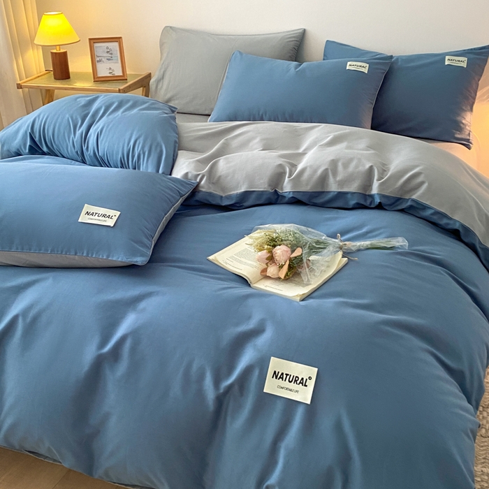 91家纺网 家纺一手货源 找家纺 昊翔家纺 2025新款13372全棉纯色四件套无印良品风简约套件 宾利蓝-浅灰