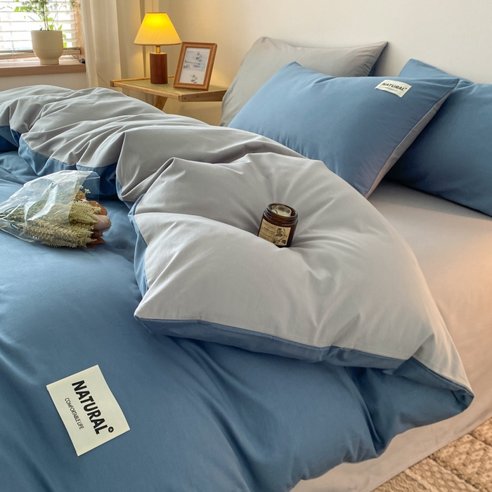 91家纺网 家纺一手货源 找家纺 昊翔家纺 2025新款13372全棉纯色四件套无印良品风简约套件 宾利蓝-浅灰