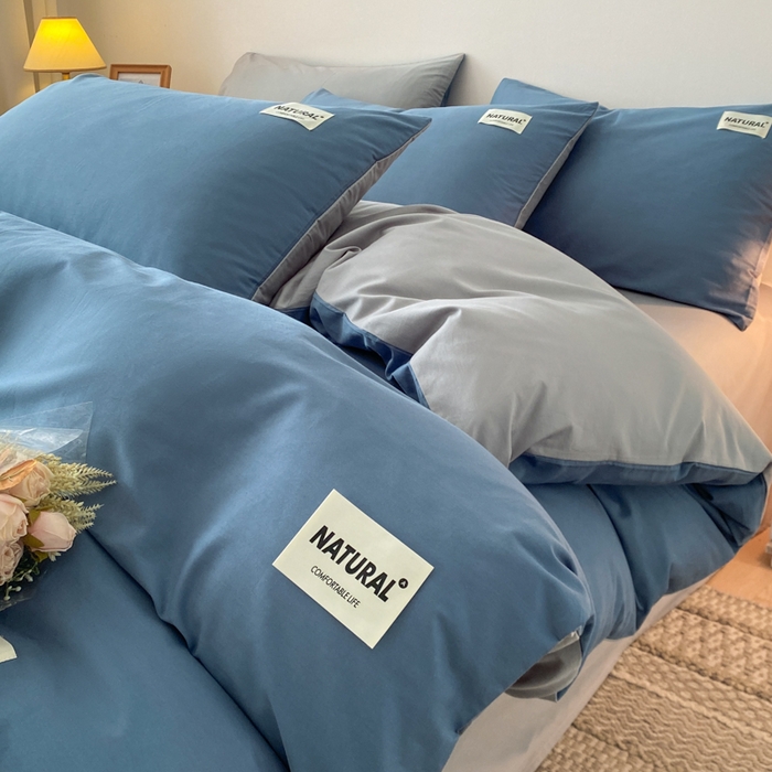 91家纺网 家纺一手货源 找家纺 昊翔家纺 2025新款13372全棉纯色四件套无印良品风简约套件 宾利蓝-浅灰