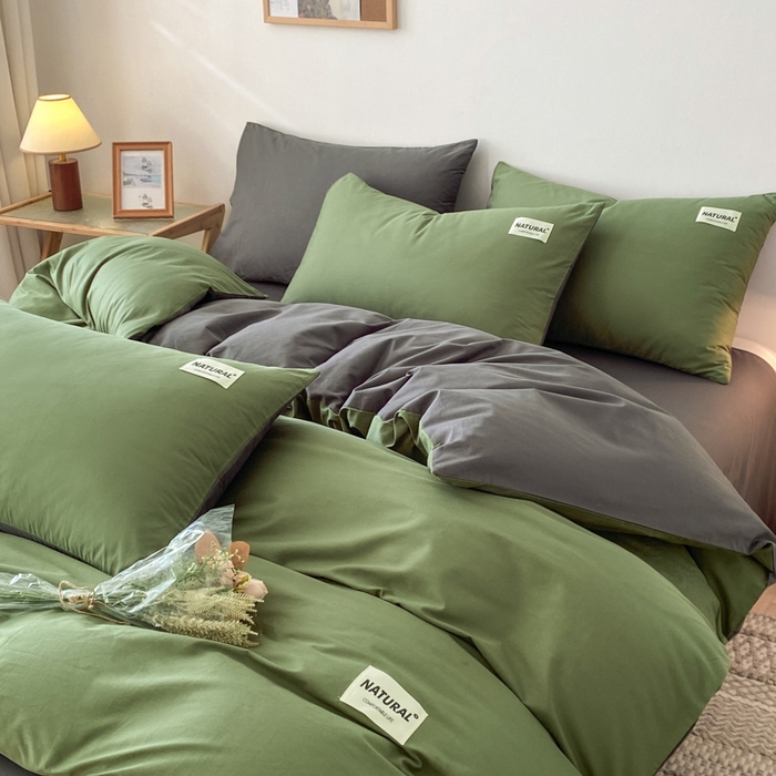 91家纺网 家纺一手货源 找家纺 昊翔家纺 2025新款13372全棉纯色四件套无印良品风简约套件 豆绿-深灰