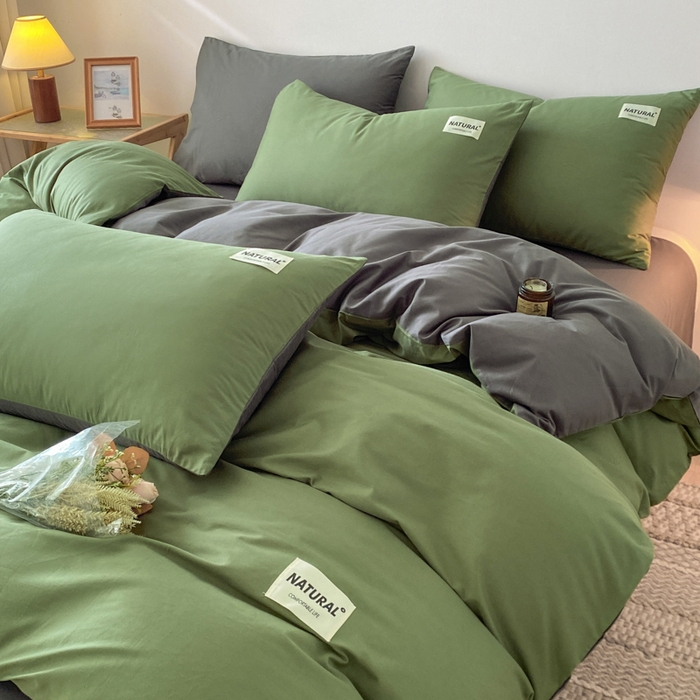 91家纺网 家纺一手货源 找家纺 昊翔家纺 2025新款13372全棉纯色四件套无印良品风简约套件 豆绿-深灰