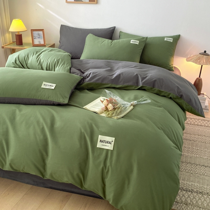 91家纺网 家纺一手货源 找家纺 昊翔家纺 2025新款13372全棉纯色四件套无印良品风简约套件 豆绿-深灰