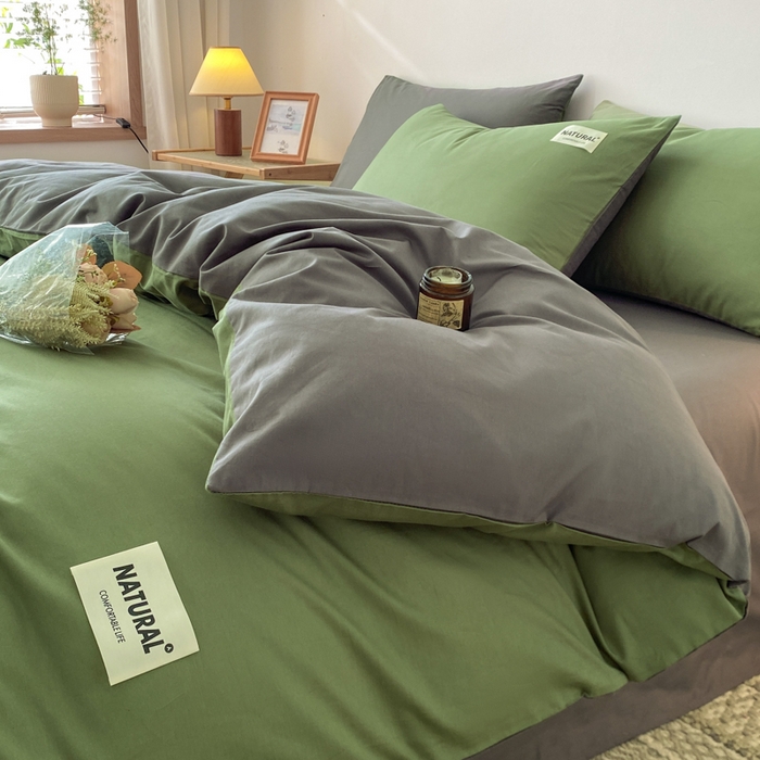 91家纺网 家纺一手货源 找家纺 昊翔家纺 2025新款13372全棉纯色四件套无印良品风简约套件 豆绿-深灰