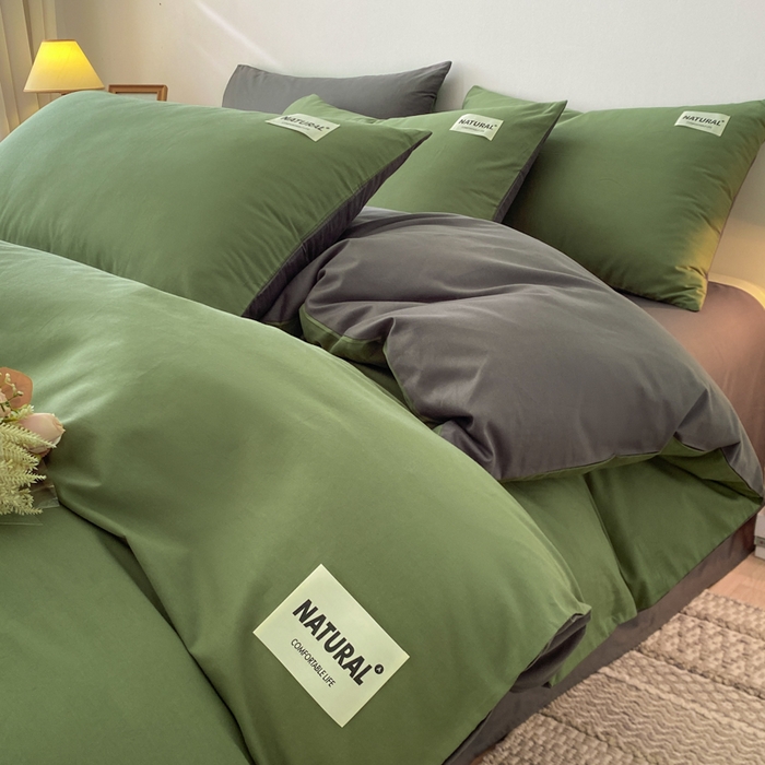 91家纺网 家纺一手货源 找家纺 昊翔家纺 2025新款13372全棉纯色四件套无印良品风简约套件 豆绿-深灰