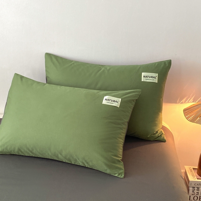 91家纺网 家纺一手货源 找家纺 昊翔家纺 2025新款13372全棉纯色四件套无印良品风简约套件 豆绿-深灰