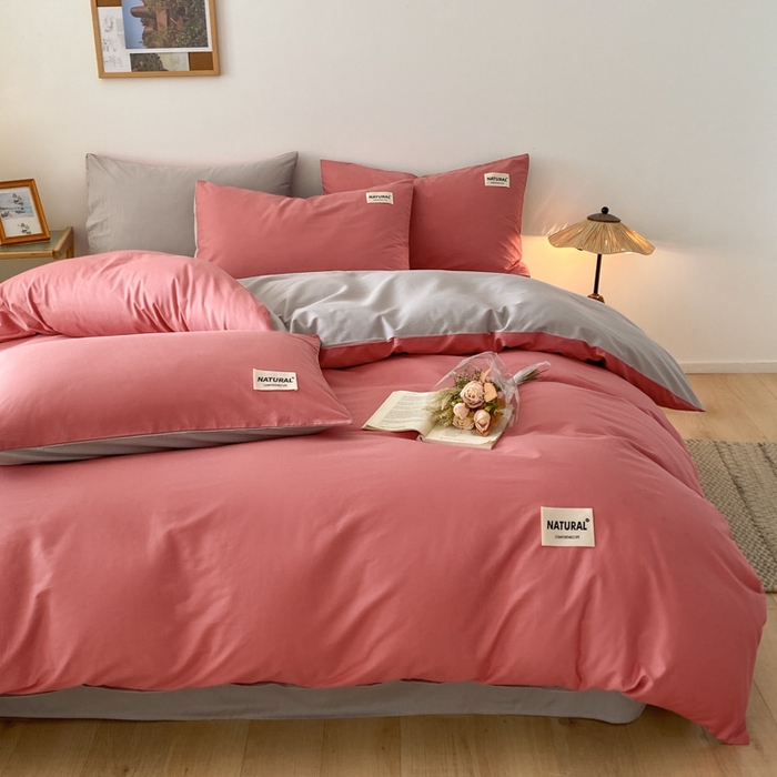 91家纺网 家纺一手货源 找家纺 昊翔家纺 2025新款13372全棉纯色四件套无印良品风简约套件 豆沙-浅灰