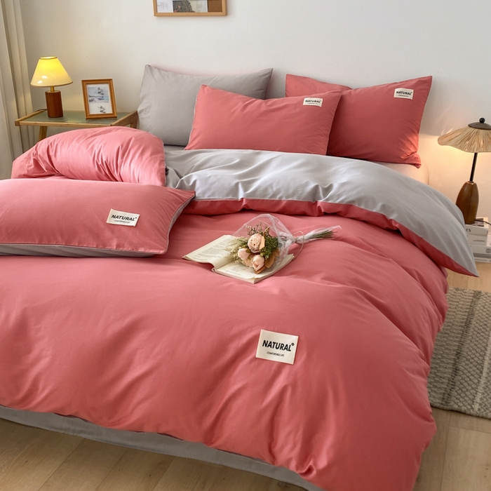 91家纺网 家纺一手货源 找家纺 昊翔家纺 2025新款13372全棉纯色四件套无印良品风简约套件 豆沙-浅灰