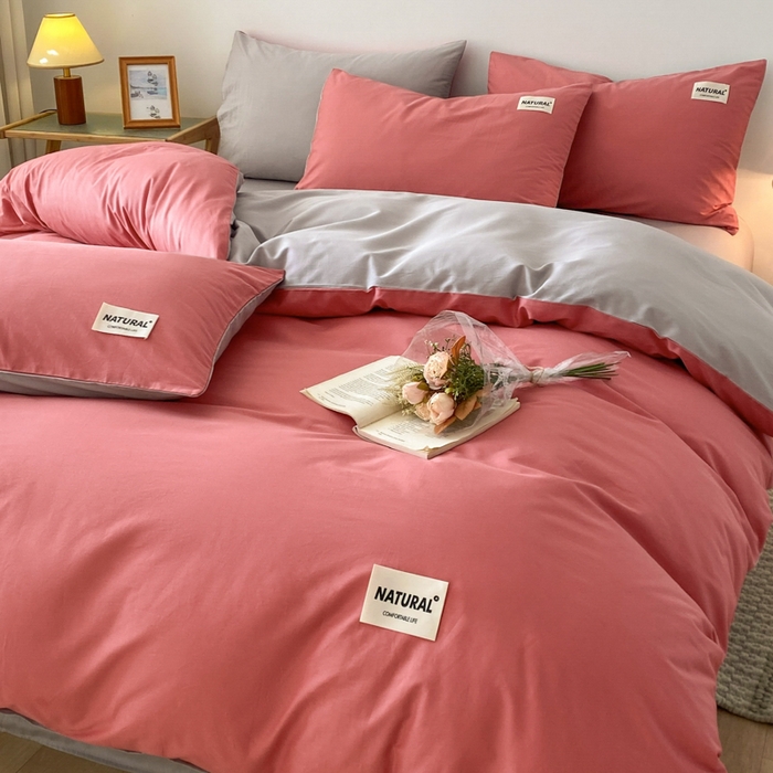 91家纺网 家纺一手货源 找家纺 昊翔家纺 2025新款13372全棉纯色四件套无印良品风简约套件 豆沙-浅灰