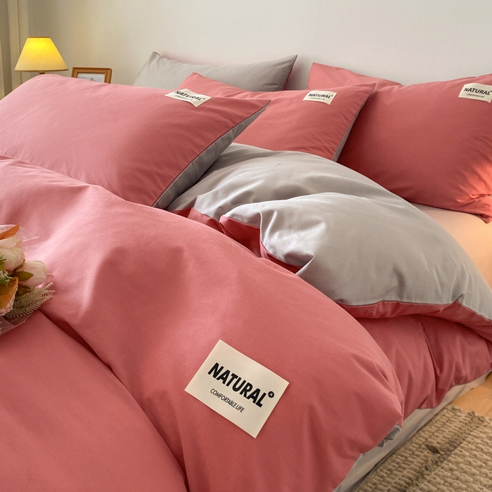 91家纺网 家纺一手货源 找家纺 昊翔家纺 2025新款13372全棉纯色四件套无印良品风简约套件 豆沙-浅灰