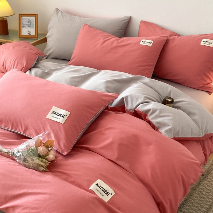 91家纺网 家纺一手货源 找家纺 昊翔家纺 2025新款13372全棉纯色四件套无印良品风简约套件 豆沙-浅灰