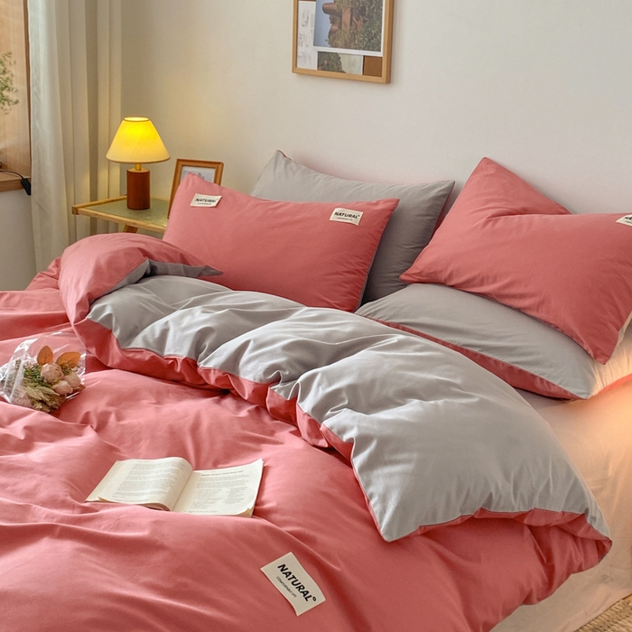 91家纺网 家纺一手货源 找家纺 昊翔家纺 2025新款13372全棉纯色四件套无印良品风简约套件 豆沙-浅灰