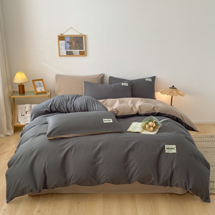 昊翔家纺 2025新款13372全棉纯色四件套无印良品风简约套件 深灰-奶咖