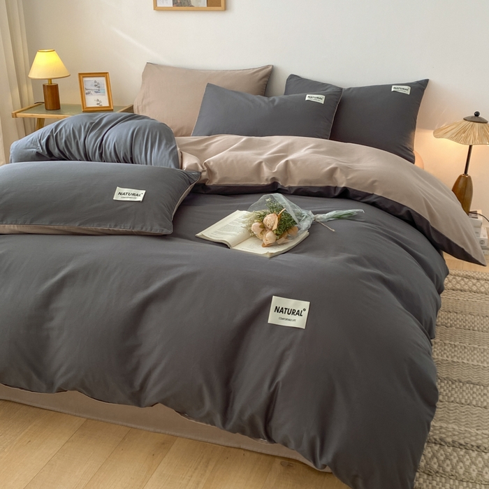 91家纺网 家纺一手货源 找家纺 昊翔家纺 2025新款13372全棉纯色四件套无印良品风简约套件 深灰-奶咖