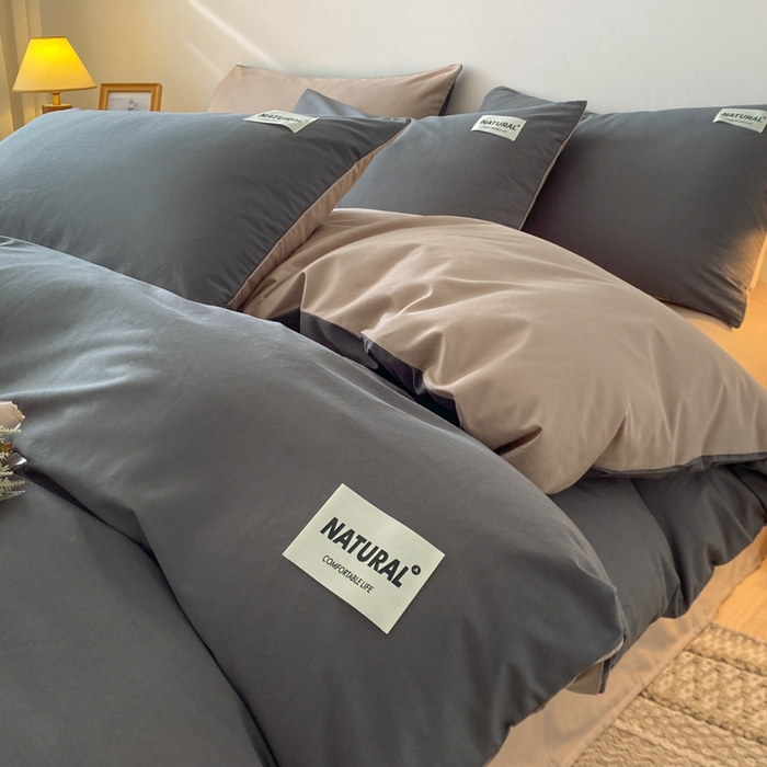91家纺网 家纺一手货源 找家纺 昊翔家纺 2025新款13372全棉纯色四件套无印良品风简约套件 深灰-奶咖
