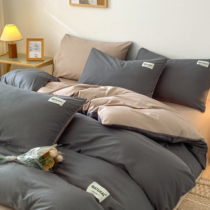 91家纺网 家纺一手货源 找家纺 昊翔家纺 2025新款13372全棉纯色四件套无印良品风简约套件 深灰-奶咖