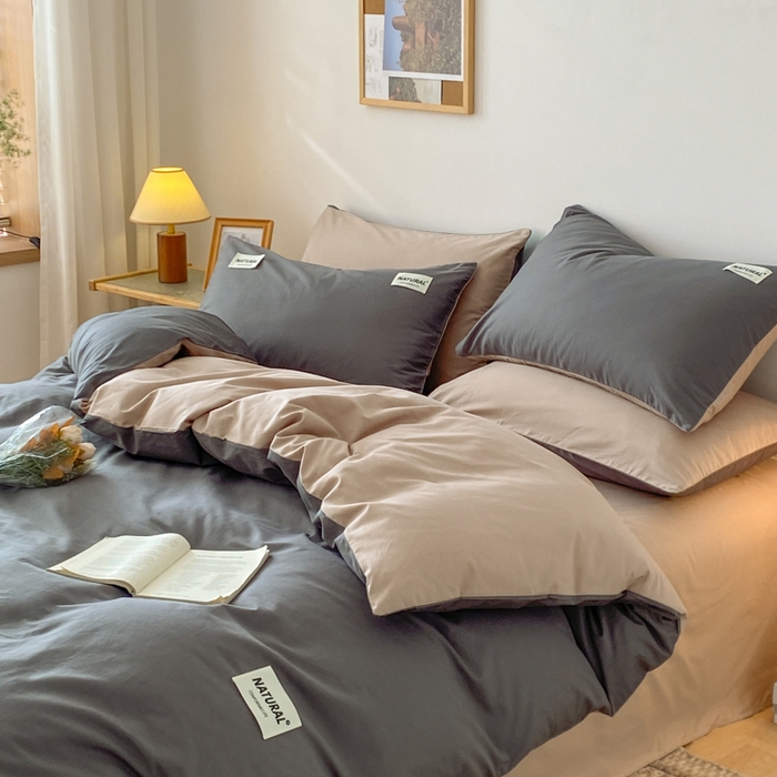 91家纺网 家纺一手货源 找家纺 昊翔家纺 2025新款13372全棉纯色四件套无印良品风简约套件 深灰-奶咖