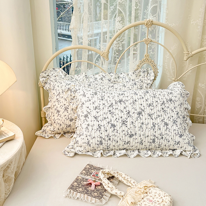 91家纺网 家纺一手货源 找家纺 梦舒羽 2026新款A类云朵棉夹棉花边枕套宿舍单人一只装枕芯内胆套-单人枕套 兰亭序-灰（花边夹棉）