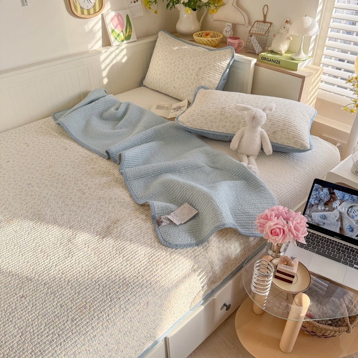 茉夕家纺 2026新款春季纯棉棉花印花单品床盖单件床盖 蓝心兔