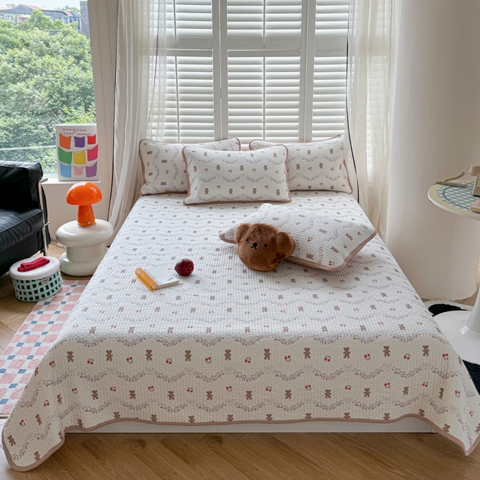 茉夕家纺 2026新款春季纯棉棉花印花单品床盖单件床盖 樱桃小熊