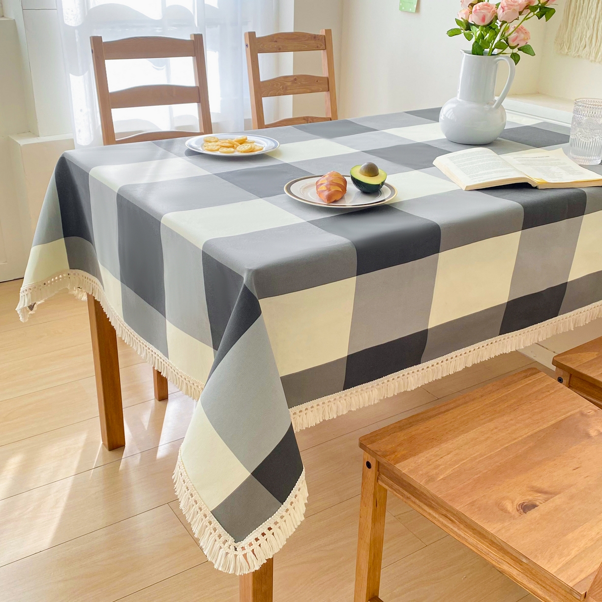 91家纺网 家纺一手货源 找家纺 金泰莱 2026新款印花老粗布桌布 灰格