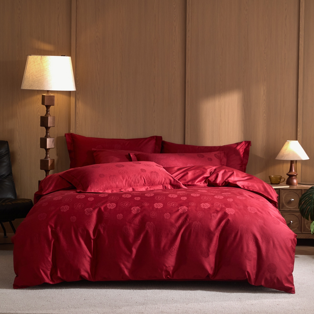 91家纺网 家纺一手货源 找家纺 （总）禾时 2026新款全棉纯棉提花四件套-大红系列