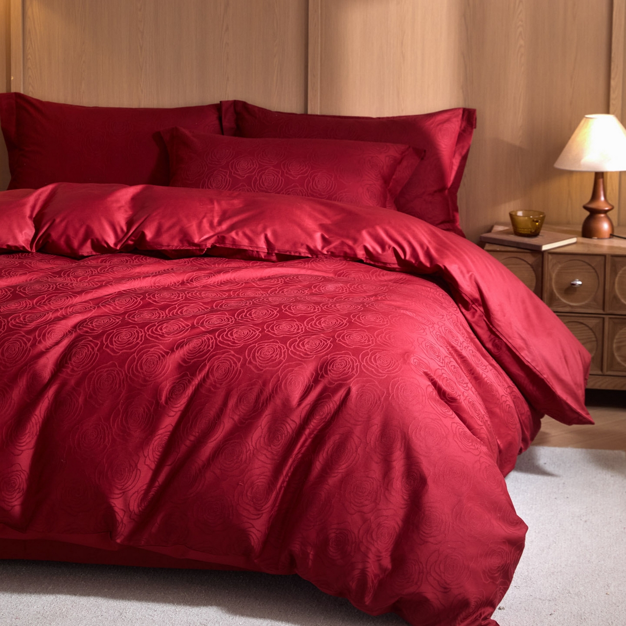 91家纺网 家纺一手货源 找家纺 （总）禾时 2026新款全棉纯棉提花四件套-大红系列