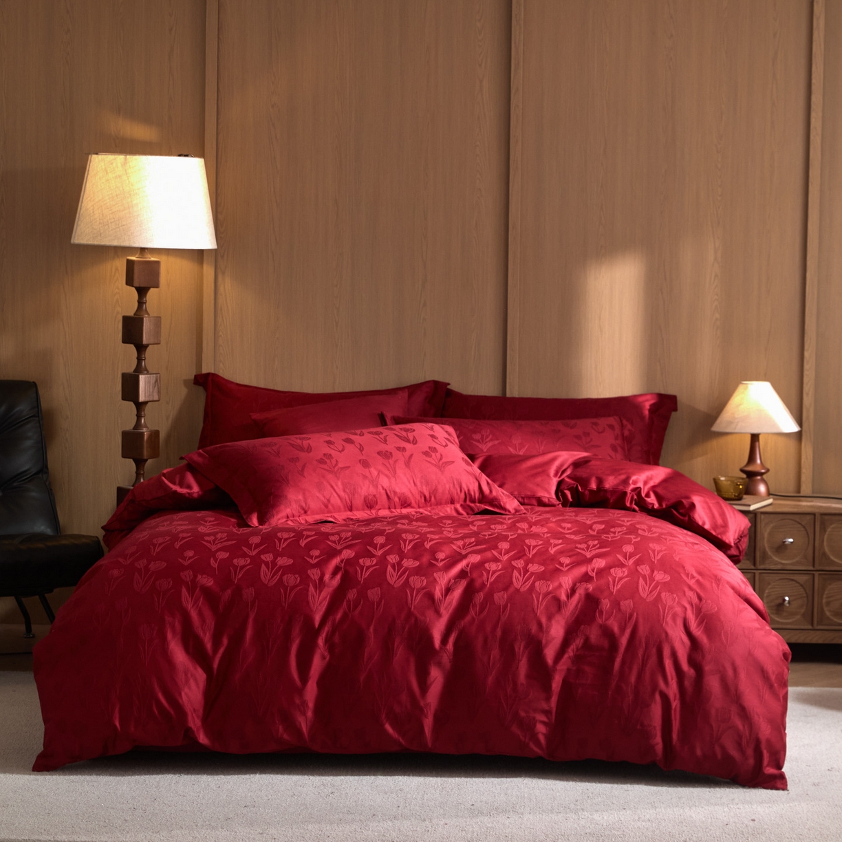 91家纺网 家纺一手货源 找家纺 禾时 2026新款全棉纯棉提花四件套-大红系列 浪漫郁金香