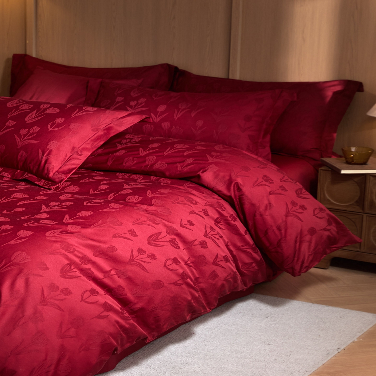 91家纺网 家纺一手货源 找家纺 禾时 2026新款全棉纯棉提花四件套-大红系列 浪漫郁金香