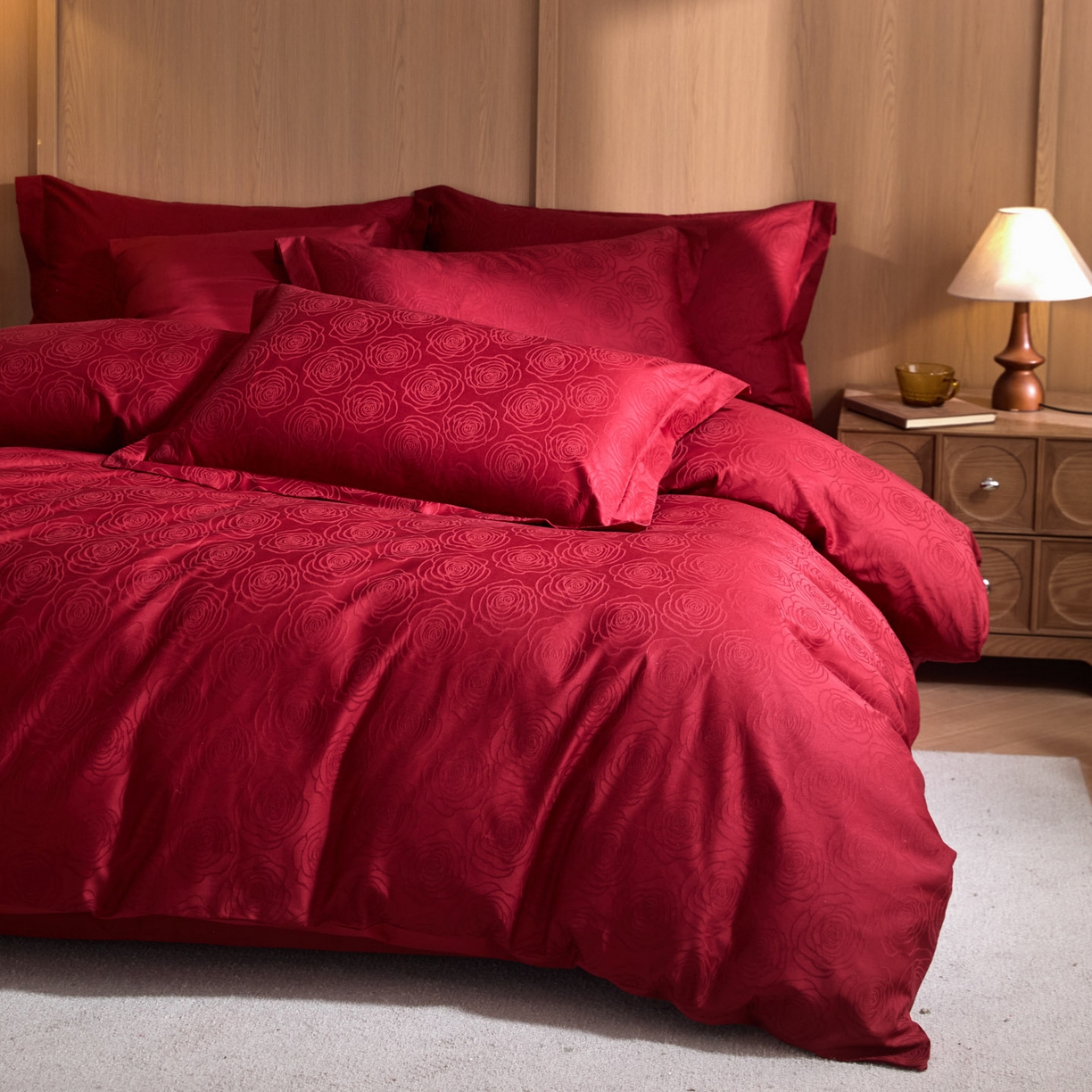 91家纺网 家纺一手货源 找家纺 禾时 2026新款全棉纯棉提花四件套-大红系列 玫瑰之约