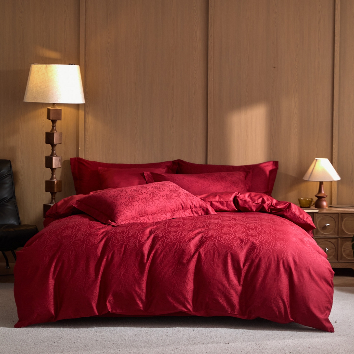 91家纺网 家纺一手货源 找家纺 禾时 2026新款全棉纯棉提花四件套-大红系列 玫瑰之约