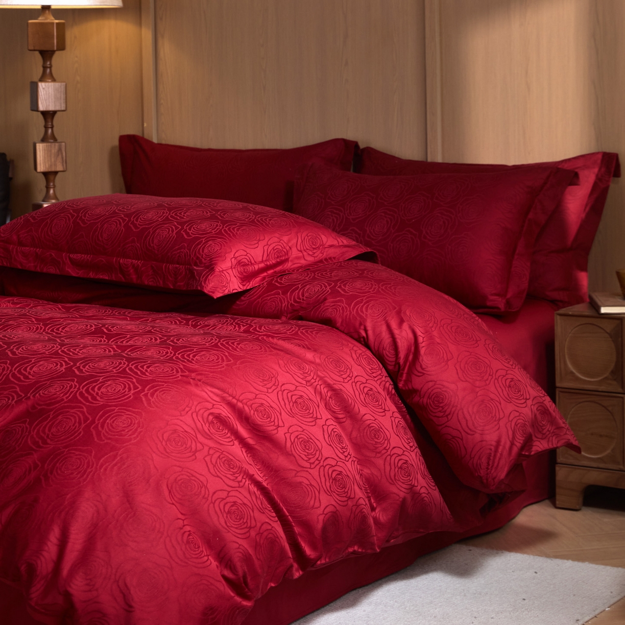 91家纺网 家纺一手货源 找家纺 禾时 2026新款全棉纯棉提花四件套-大红系列 玫瑰之约