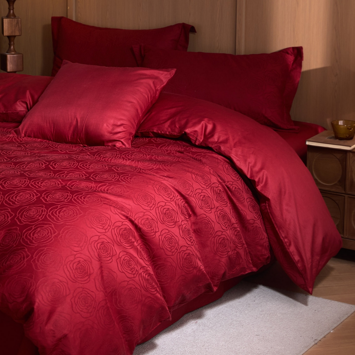 91家纺网 家纺一手货源 找家纺 禾时 2026新款全棉纯棉提花四件套-大红系列 玫瑰之约