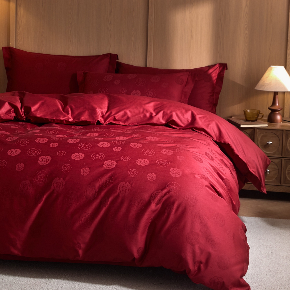 禾时 2026新款全棉纯棉提花四件套-大红系列 山茶花之恋