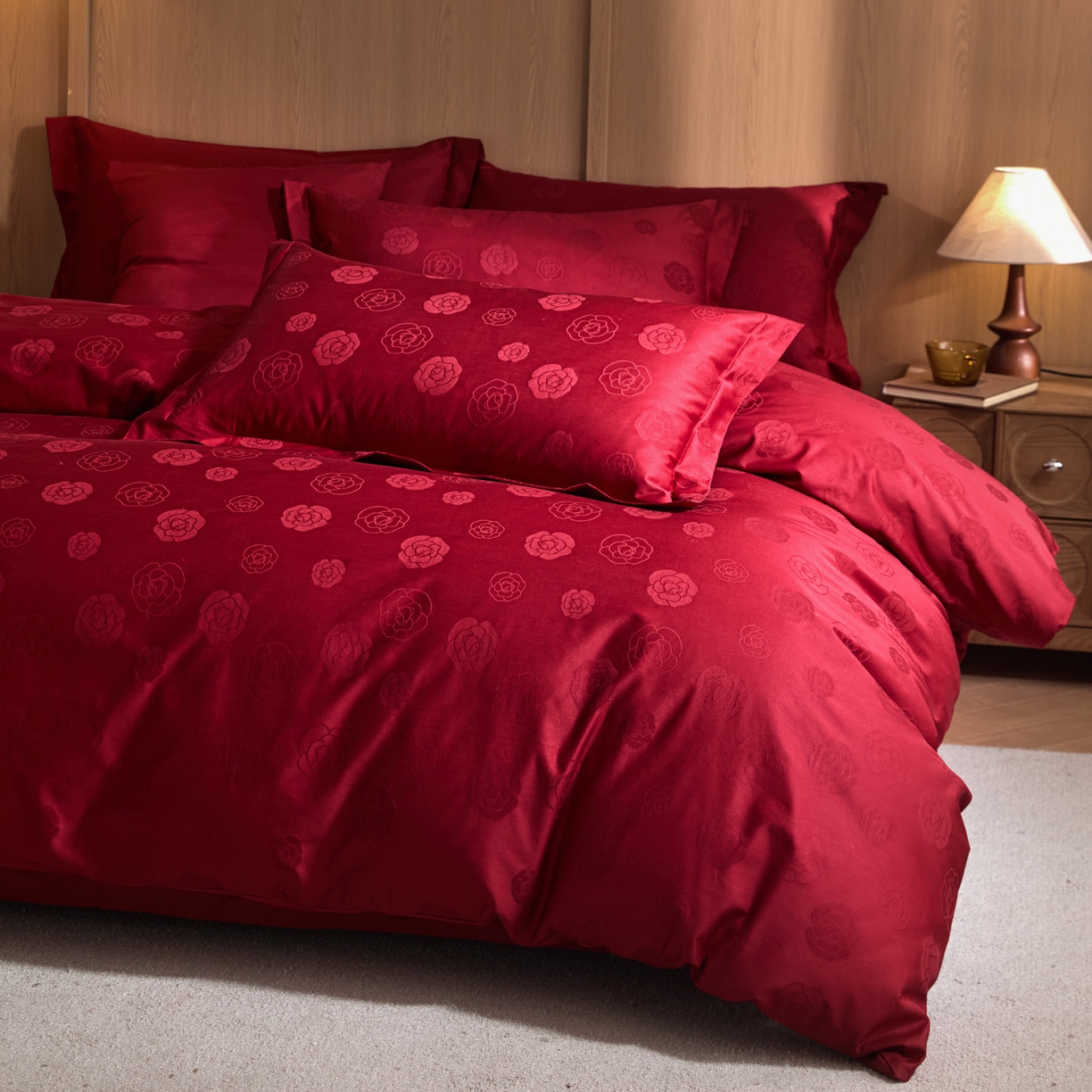 91家纺网 家纺一手货源 找家纺 禾时 2026新款全棉纯棉提花四件套-大红系列 山茶花之恋