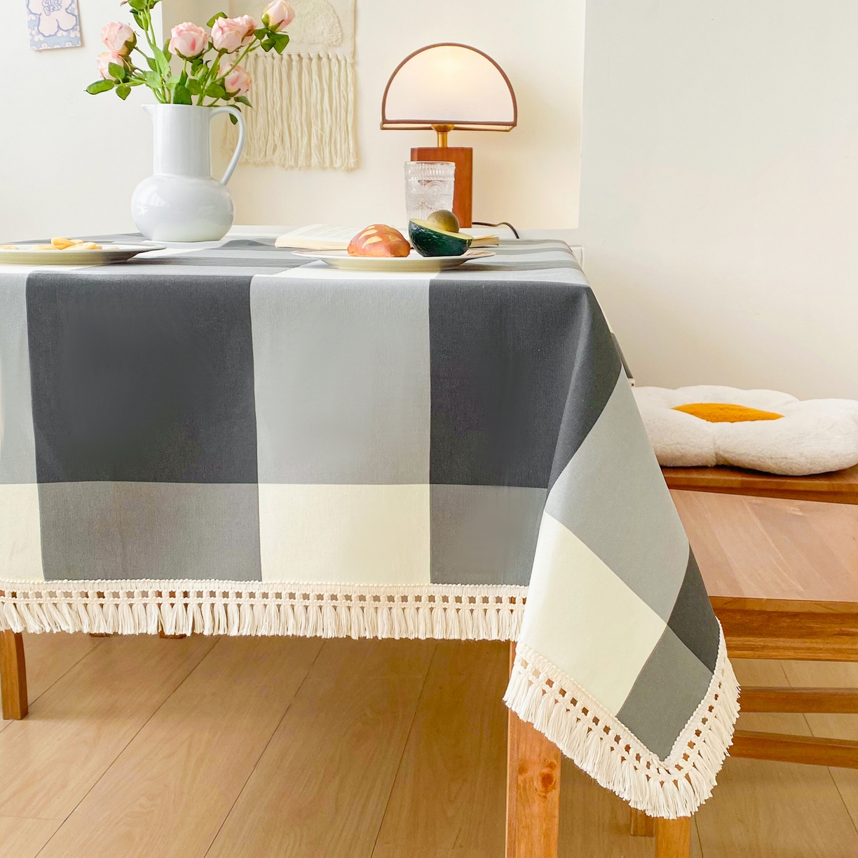 91家纺网 家纺一手货源 找家纺 棉乐町家居 2025新款ins风印花老粗布桌布 灰格